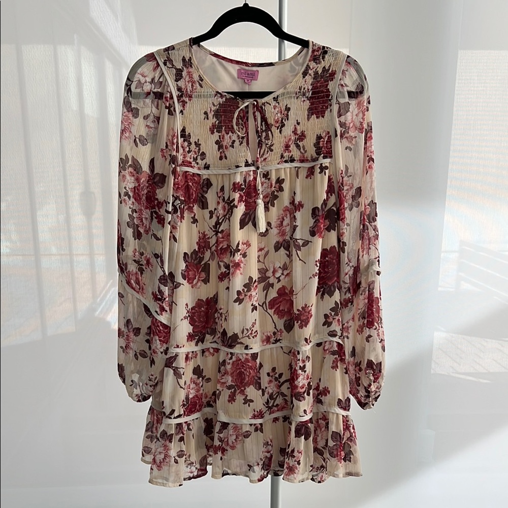 Mi Ami Floral L/S Sheer taupe underly Print Dress. Sz M.